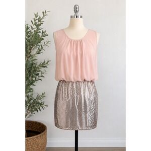 AUW Sequin Blouson Mini Dress S Pink Silver Sleevles party glam vegas Homecoming